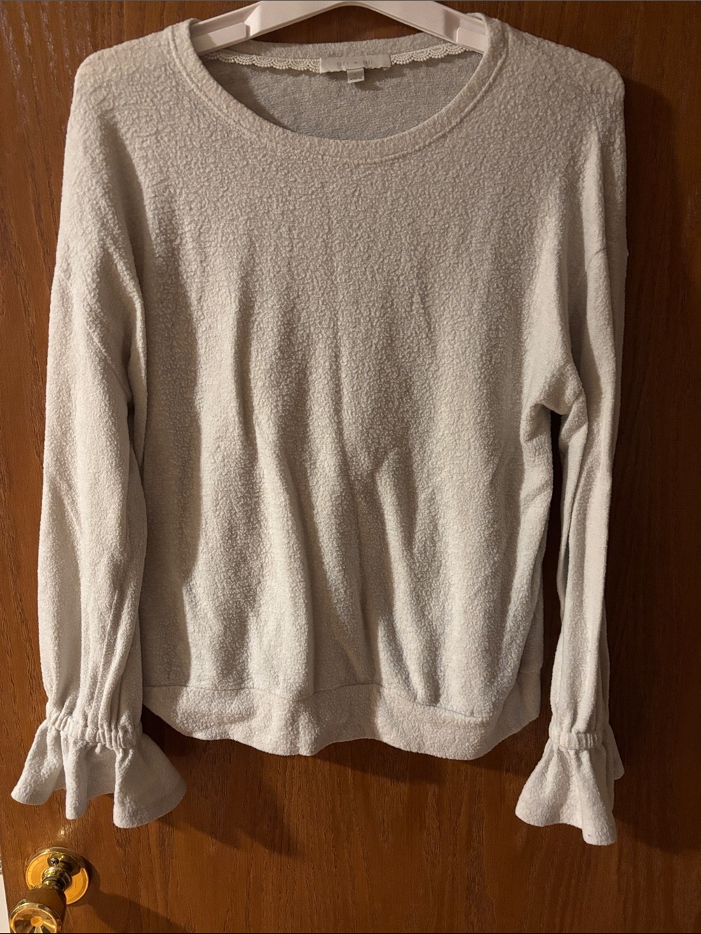 Anthropologie Cream Textured Long-Sleeve Top with Ruffle Cuffs